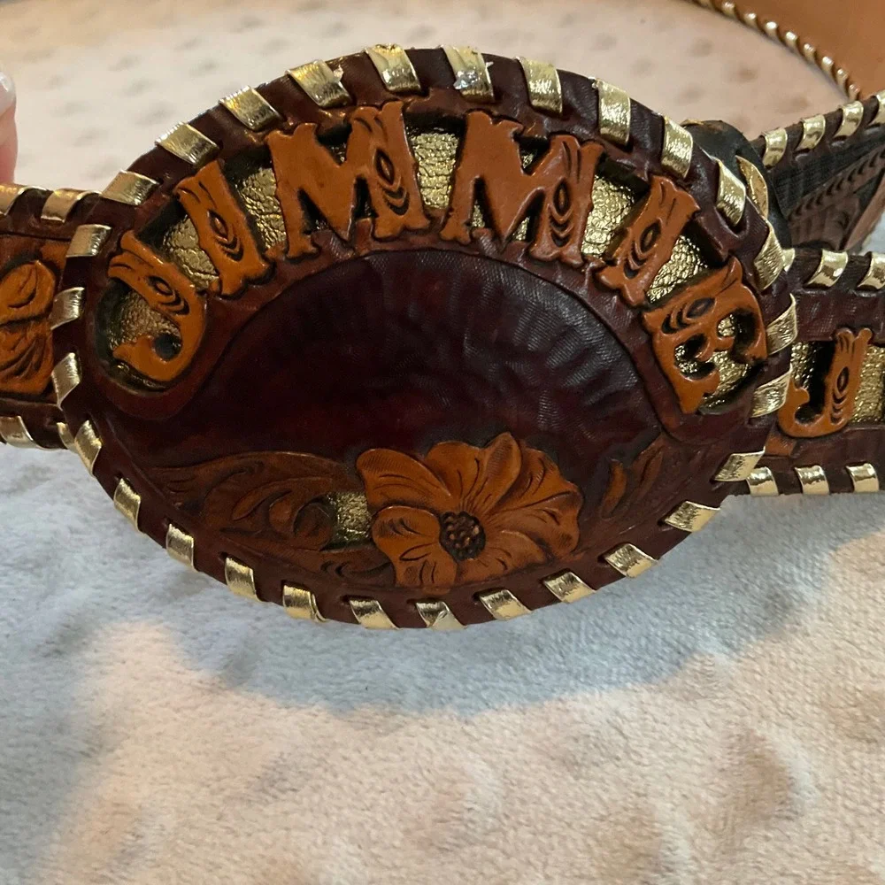 Hand Tooled Western Leather Belt Jimmie JU Brown‎ Gold Floral Cowboy Rodeo Men